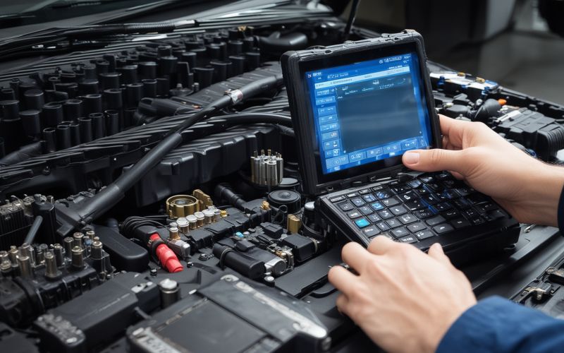 Professional automotive engine diagnostic equipment and computer scanning tools in modern workshop